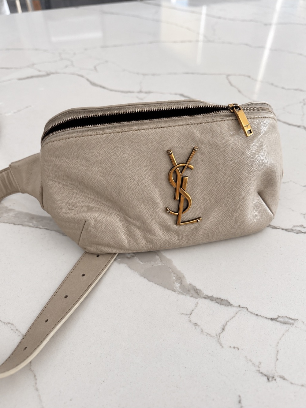Saint Laurent Cream Leather YSL Crossbody Belt Bag with Gold Hardware